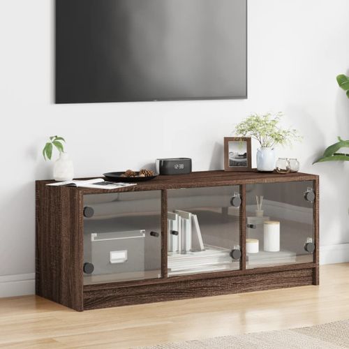 Meuble TV avec portes en verre chêne marron 102x37x42 cm - Photo n°3; ?>