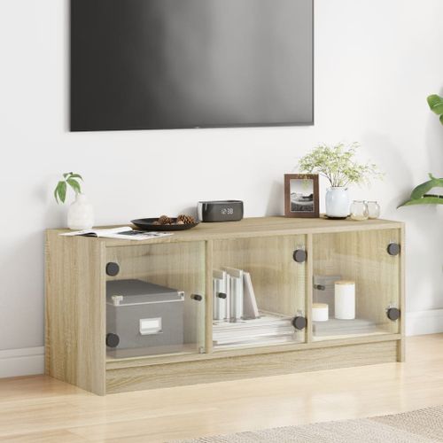 Meuble TV avec portes en verre chêne sonoma 102x37x42 cm - Photo n°3; ?>