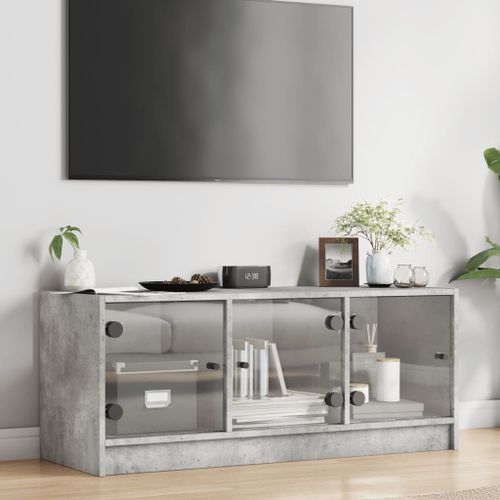 Meuble TV avec portes en verre gris béton 102x37x42 cm - Photo n°3; ?>