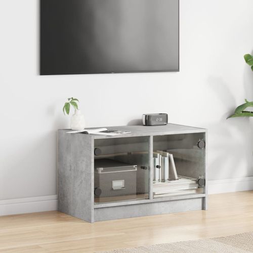 Meuble TV avec portes en verre gris béton 68x37x42 cm - Photo n°3; ?>