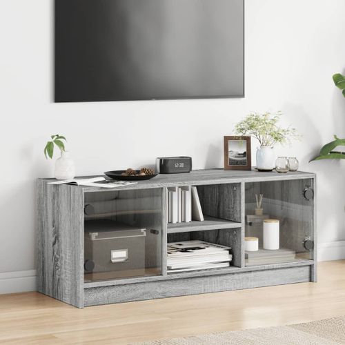 Meuble TV avec portes en verre sonoma gris 102x37x42 cm - Photo n°3; ?>