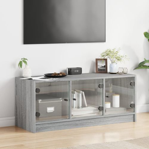 Meuble TV avec portes en verre sonoma gris 102x37x42 cm - Photo n°3; ?>