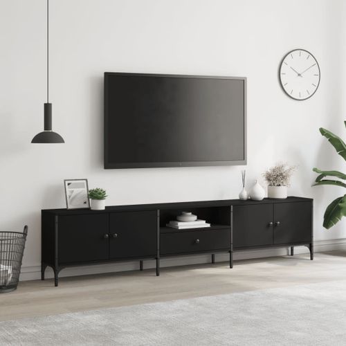 Meuble TV avec tiroir noir 200x25x44 cm bois d'ingénierie - Photo n°3; ?>