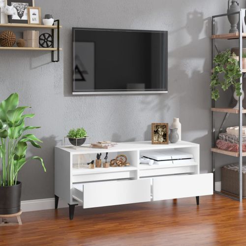 Meuble TV blanc 100x34,5x44,5 cm bois d'ingénierie - Photo n°3; ?>