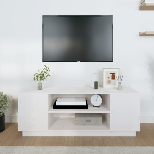 Meuble TV Blanc 110x35x40,5 cm Bois de pin massif - Photo n°3; ?>