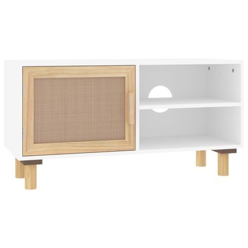 Meuble TV Blanc 80x30x40 cm Bois de pin massif et rotin naturel - Photo n°2; ?>