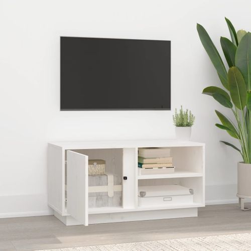 Meuble TV Blanc 80x35x40,5 cm Bois de pin massif - Photo n°3; ?>