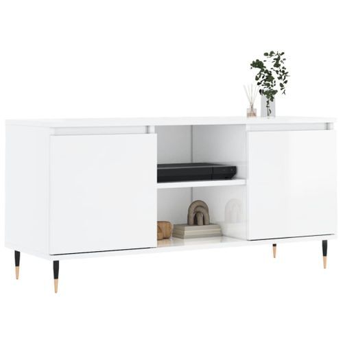 Meuble TV blanc brillant 104x35x50 cm bois d'ingénierie - Photo n°3; ?>