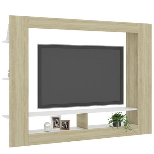 Meuble TV Blanc et chêne sonoma 152x22x113 cm - Photo n°3; ?>