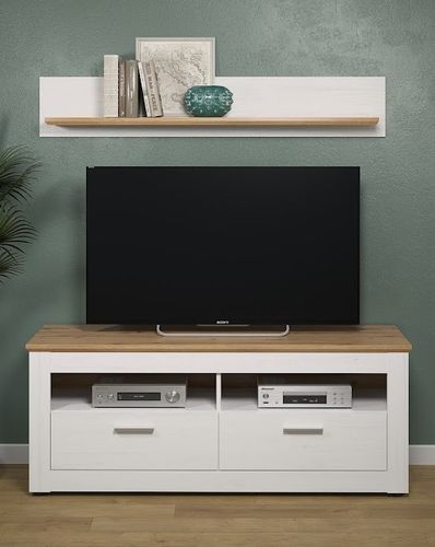 Meuble TV bois de pin clair et blanc 2 tiroirs Aline - Photo n°2; ?>