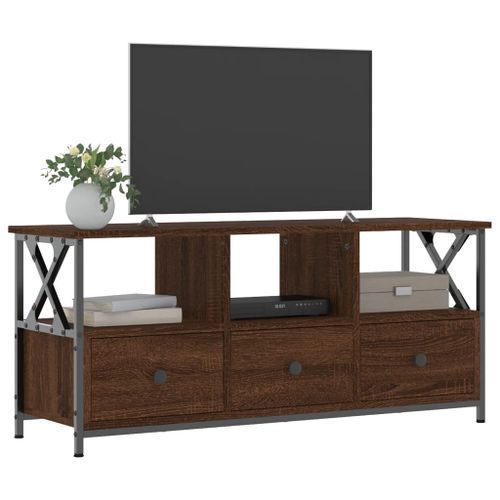 Meuble TV chêne marron 102x33x45 cm bois d'ingénierie et fer - Photo n°3; ?>