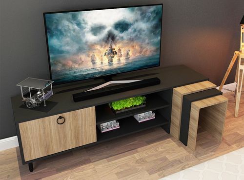 Meuble TV combiné avec table gigogne chêne et noir Zirkon 180 cm - Photo n°3; ?>