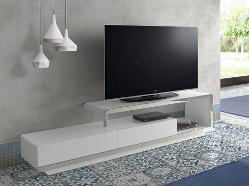 Meuble TV design 2 tiroirs bois laqué rouge et acier chromé Modena - Photo n°2; ?>