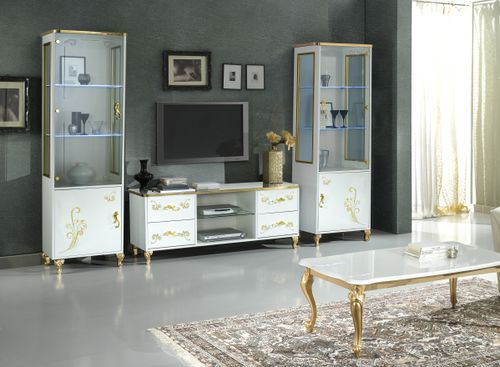 Meuble TV design bois vernis brillant blanc et doré Jade 160 cm - Photo n°2; ?>