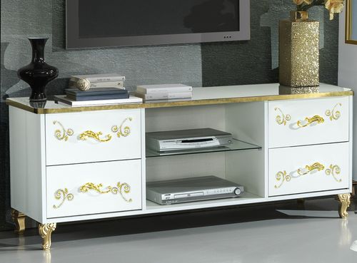Meuble TV design bois vernis brillant blanc et doré Jade 160 cm - Photo n°3; ?>