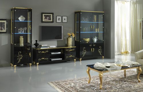 Meuble TV design bois vernis brillant noir et doré Jade 160 cm - Photo n°2; ?>