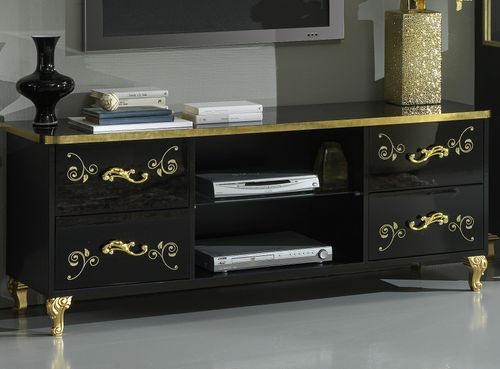 Meuble TV design bois vernis brillant noir et doré Jade 160 cm - Photo n°3; ?>