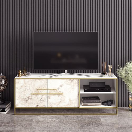 Meuble TV en bois blanc effet marbre et métal doré Bali 160 cm - Photo n°2; ?>