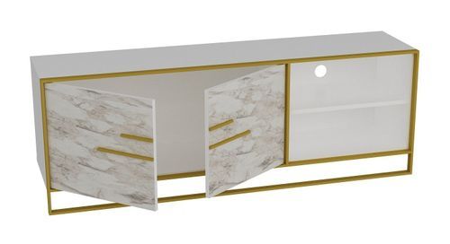 Meuble TV en bois blanc effet marbre et métal doré Bali 160 cm - Photo n°3; ?>