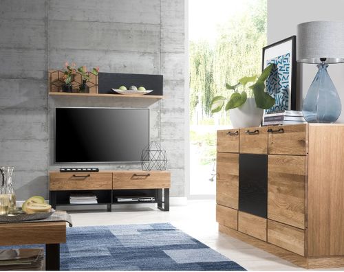 Meuble TV en bois de chêne miel et acier noir 2 tiroirs Mazora 135 cm - Photo n°3; ?>