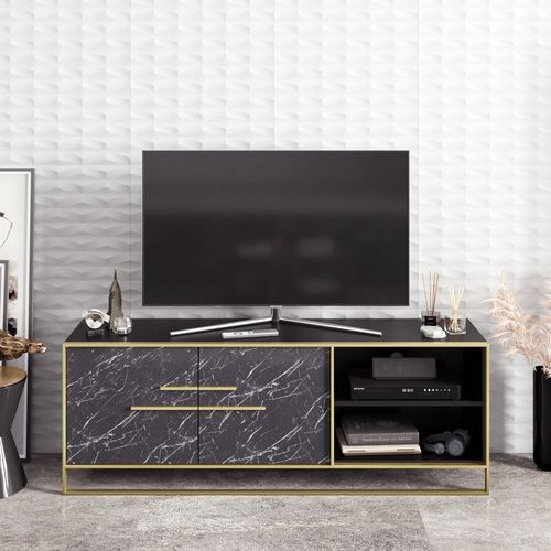 Meuble TV en bois noir effet marbre et métal doré Bali 160 cm - Photo n°2; ?>
