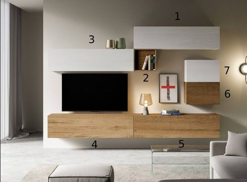 Mur TV modulable suspendu design blanc et naturel Lina L 308 cm - 7 pièces - Photo n°2; ?>