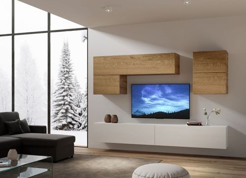 Mur TV modulable suspendu design blanc et naturel Lina L 268 cm - 6 pièces - Photo n°3; ?>