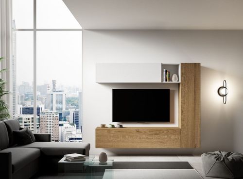 Mur TV modulable suspendu design blanc et naturel Lina L 214 cm - 4 pièces - Photo n°3; ?>