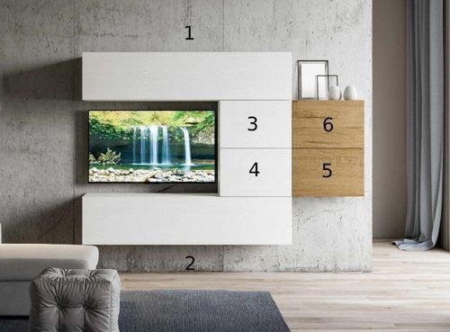 Mur TV modulable suspendu design blanc et naturel Lina L 234 cm - 6 pièces - Photo n°2; ?>