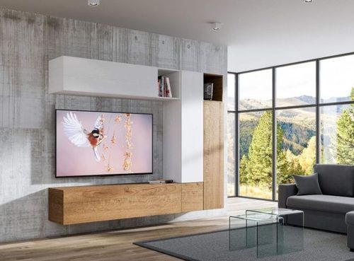 Mur TV modulable suspendu design blanc et naturel Lina L 254 cm - 7 pièces - Photo n°3; ?>