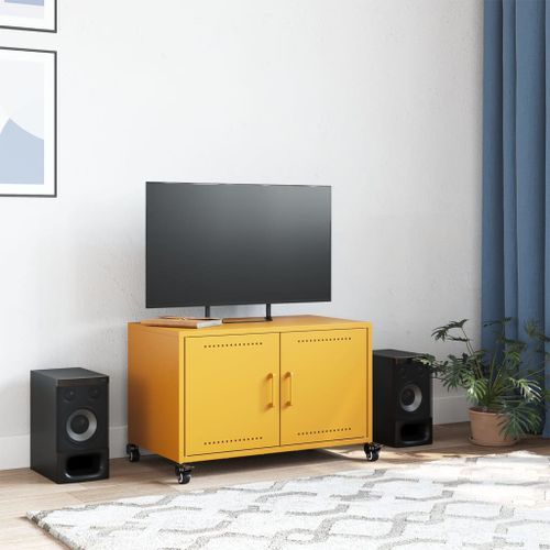 Meuble TV jaune moutarde 68x39x43,5 cm acier laminé à froid - Photo n°3; ?>