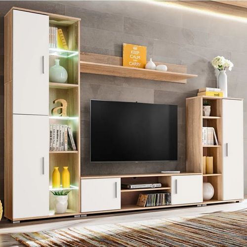 Meuble TV LED 4 pièces bois blanc et chêne clair Kynik 260 cm - Photo n°2; ?>