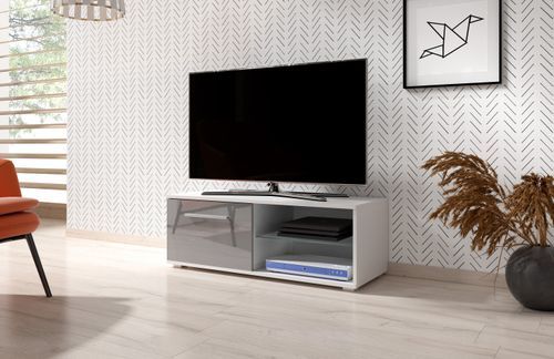 Meuble TV lumineux 1 porte blanc et gris laqué Roxel 100 cm - Photo n°2; ?>