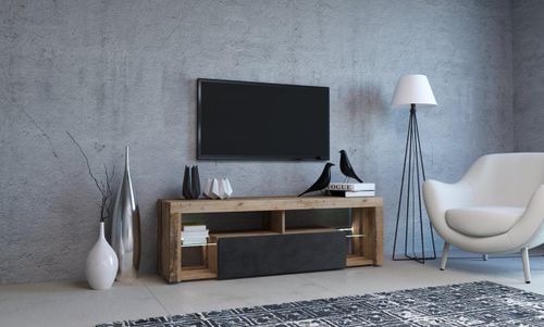 Meuble TV lumineux 1 porte bois naturel et gris mat Kara 140 cm - Photo n°2; ?>