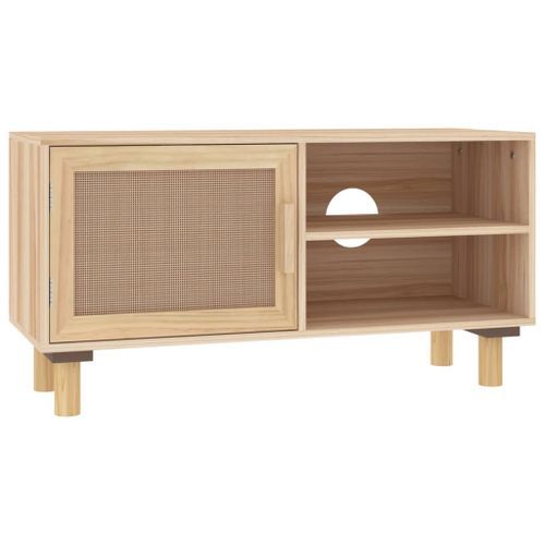 Meuble TV Marron 80x30x40cm Bois de pin massif et rotin naturel - Photo n°2; ?>