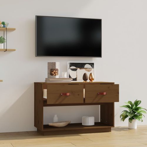 Meuble TV Marron miel 90x40x60 cm Bois de pin massif - Photo n°3; ?>