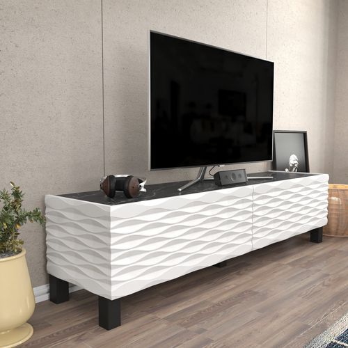 Meuble TV moderne 2 portes bois blanc et noir effet marbre Venuza 149 cm - Photo n°3; ?>
