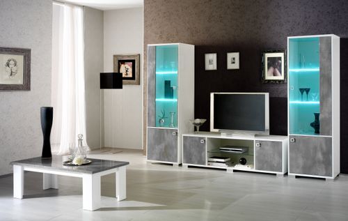 Meuble TV moderne gris béton et blanc brillant Sting 160 cm - Photo n°2; ?>