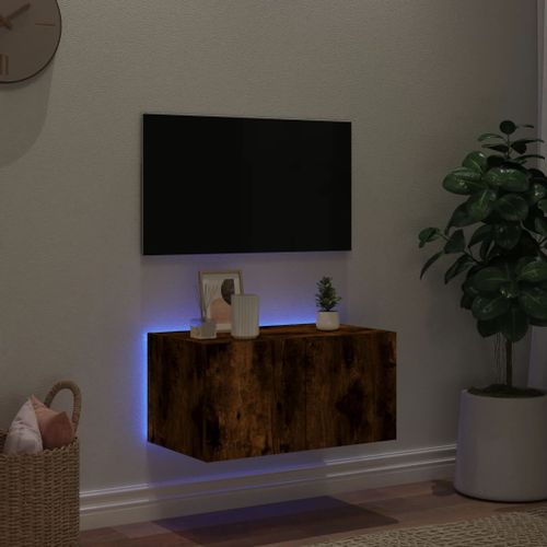 Meuble TV mural avec lumières LED chêne fumé 60x35x31 cm - Photo n°3; ?>