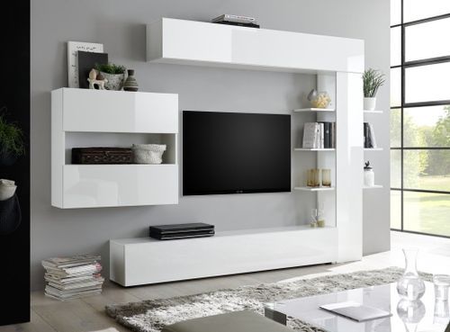 Meuble TV mural bois laqué blanc brillant Raia L 260 cm - Photo n°3; ?>