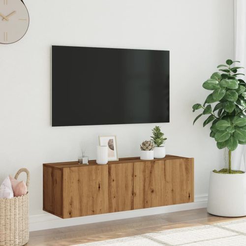 Meuble TV mural chêne artisanal 100x30x30 cm bois d'ingénierie - Photo n°3; ?>