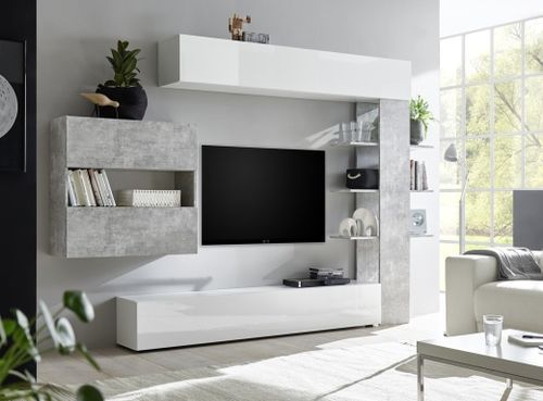 Meuble TV mural laqué blanc brillant et effet béton Raia L 260 cm - Photo n°3; ?>