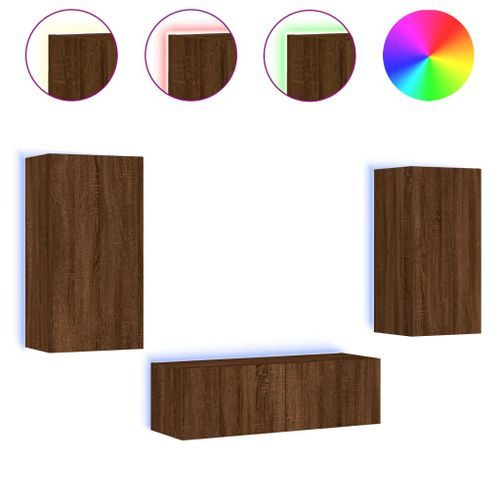 Meuble TV muraux 3 pcs avec lumières LED chêne marron - Photo n°2; ?>