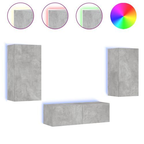 Meuble TV muraux 3 pcs avec lumières LED gris béton - Photo n°2; ?>