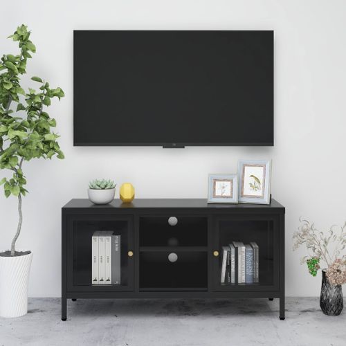 Meuble TV Noir 105x35x52 cm Acier et verre - Photo n°2; ?>