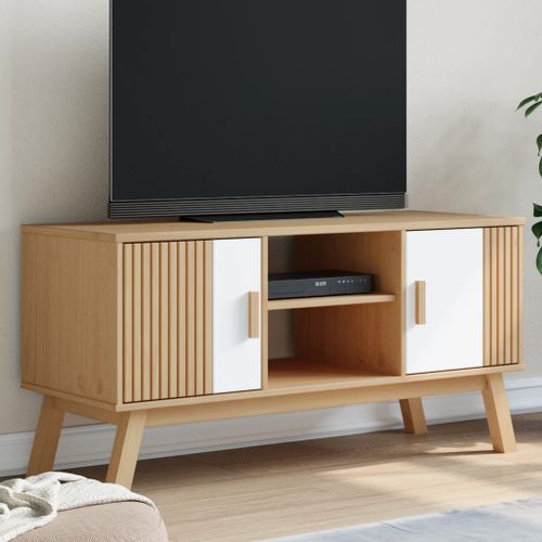 Meuble TV OLDEN blanc et marron 114x43x57 cm bois de pin massif - Photo n°2; ?>