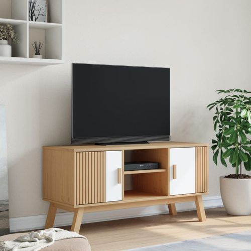 Meuble TV OLDEN blanc et marron 114x43x57 cm bois de pin massif - Photo n°3; ?>