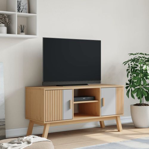 Meuble TV OLDEN gris et marron 114x43x57 cm bois de pin massif - Photo n°3; ?>