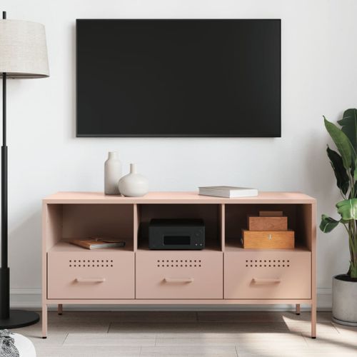 Meuble TV rose 100,5x39x50,5 cm acier laminé à froid - Photo n°3; ?>