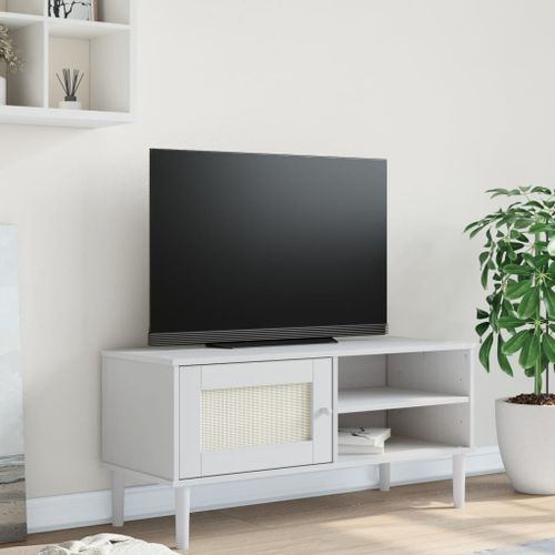 Meuble TV SENJA aspect rotin blanc 106x40x49cm bois massif pin - Photo n°2; ?>